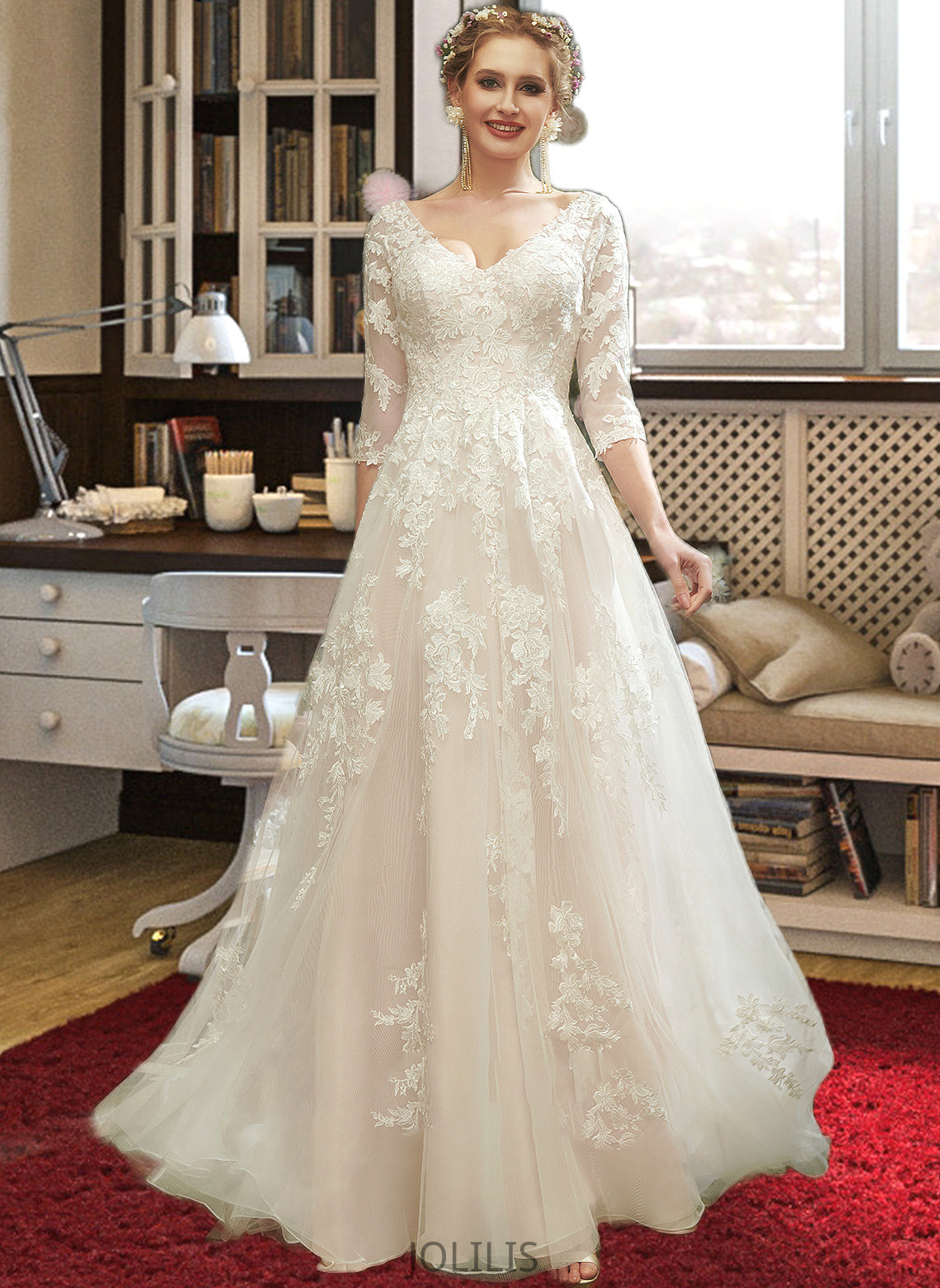 Kaelyn A-Line V-neck Court Train Wedding Dress With Sequins HIP0013690