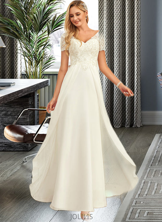 Natalee A-Line V-neck Floor-Length Chiffon Lace Wedding Dress With Lace HIP0013691