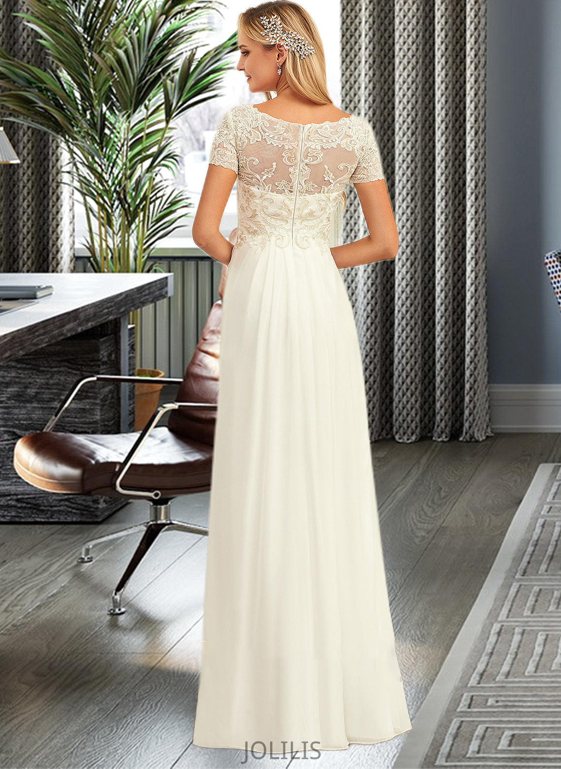 Natalee A-Line V-neck Floor-Length Chiffon Lace Wedding Dress With Lace HIP0013691