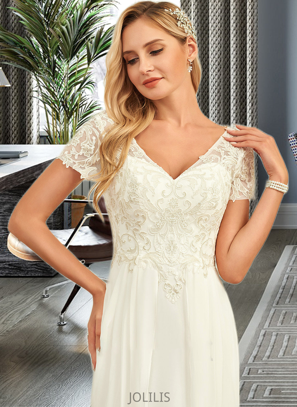 Natalee A-Line V-neck Floor-Length Chiffon Lace Wedding Dress With Lace HIP0013691