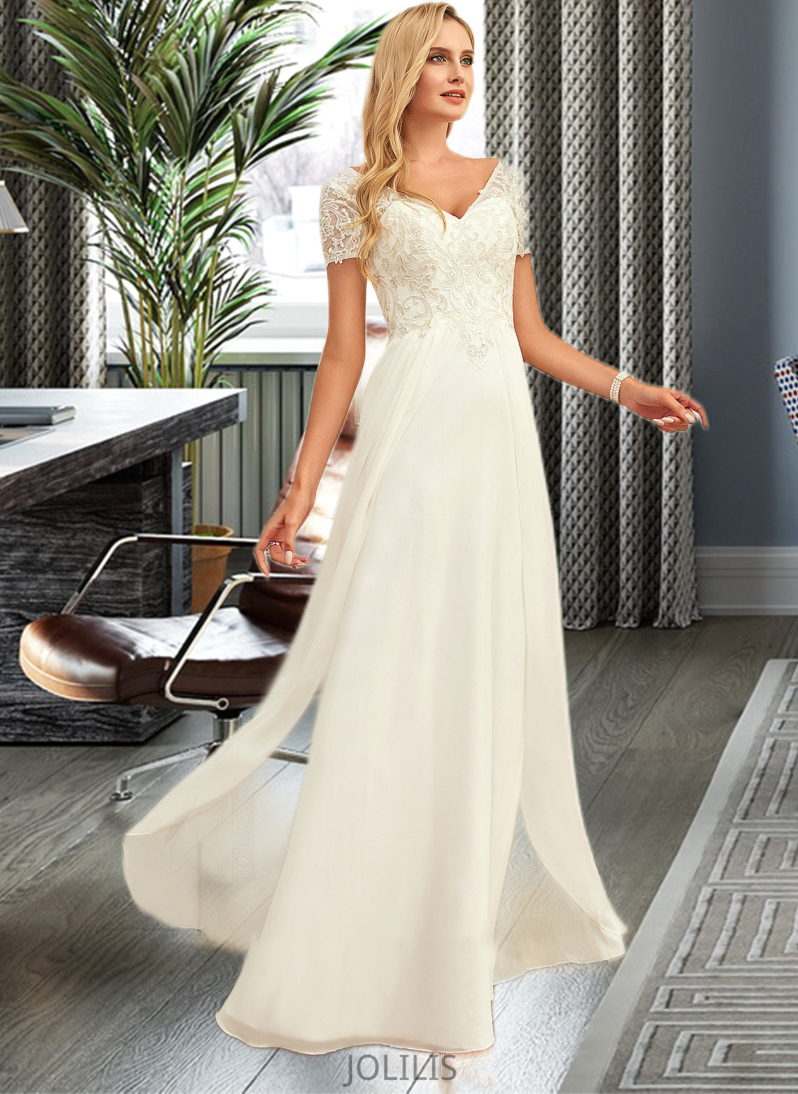 Natalee A-Line V-neck Floor-Length Chiffon Lace Wedding Dress With Lace HIP0013691