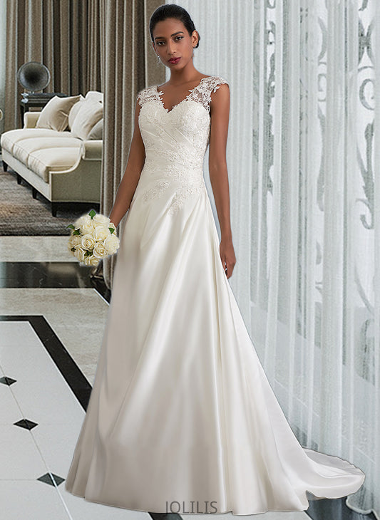 Carolina Ball-Gown/Princess V-neck Sweep Train Satin Wedding Dress With Ruffle Beading Sequins HIP0013693