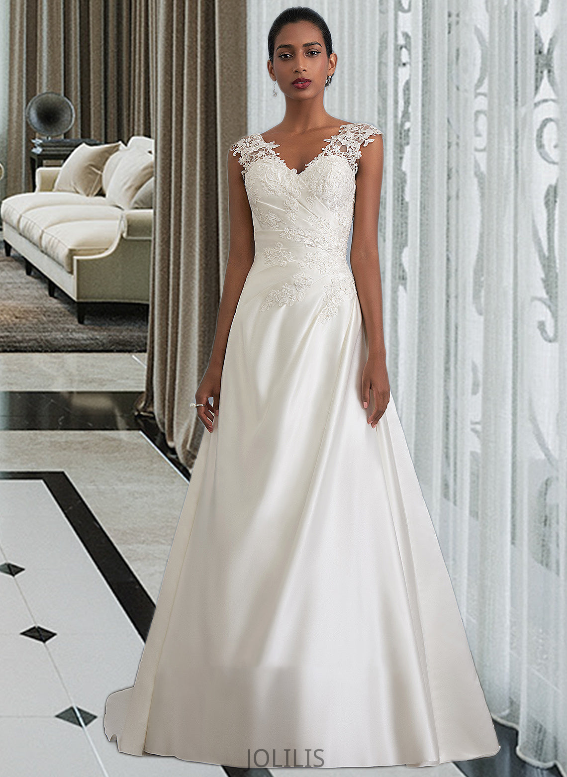 Carolina Ball-Gown/Princess V-neck Sweep Train Satin Wedding Dress With Ruffle Beading Sequins HIP0013693