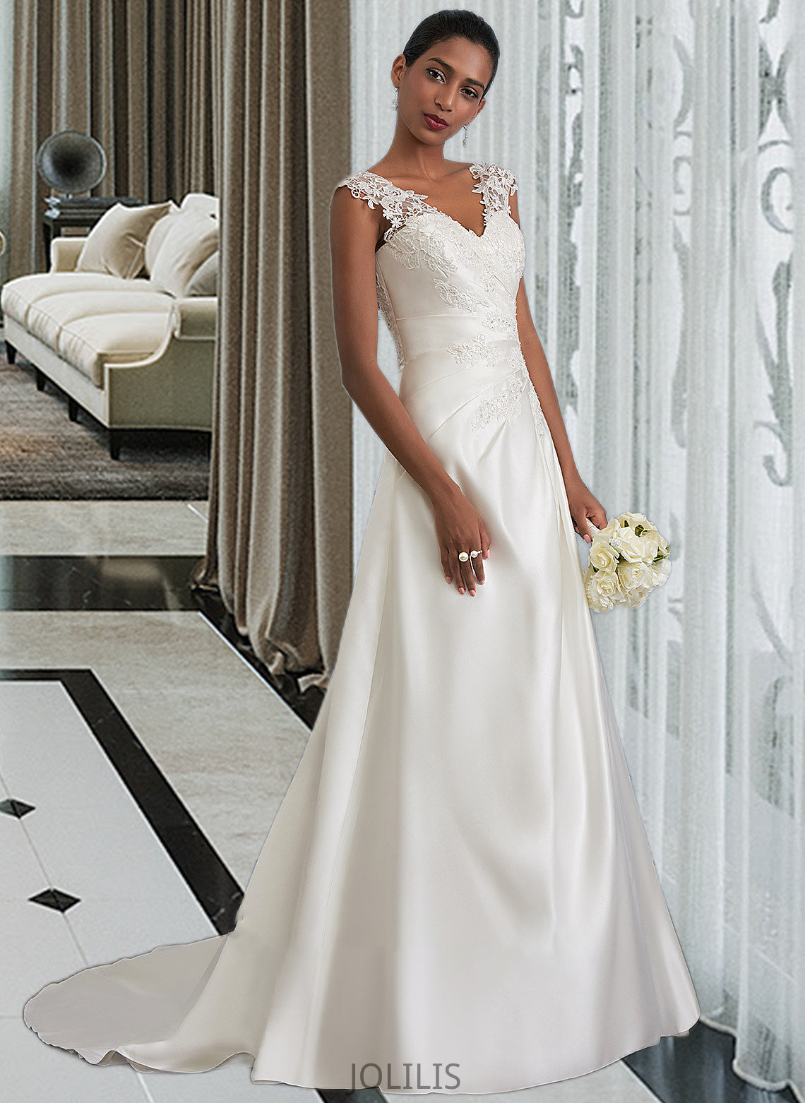 Carolina Ball-Gown/Princess V-neck Sweep Train Satin Wedding Dress With Ruffle Beading Sequins HIP0013693