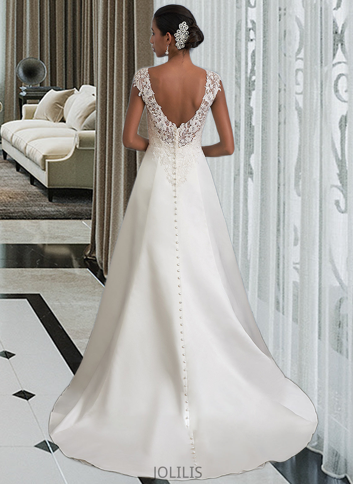 Carolina Ball-Gown/Princess V-neck Sweep Train Satin Wedding Dress With Ruffle Beading Sequins HIP0013693