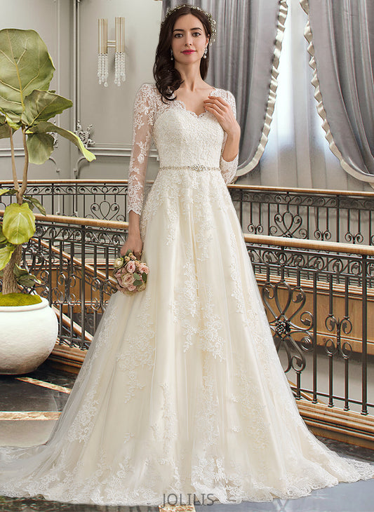 Ariana Ball-Gown/Princess V-neck Chapel Train Tulle Wedding Dress With Beading Sequins HIP0013695