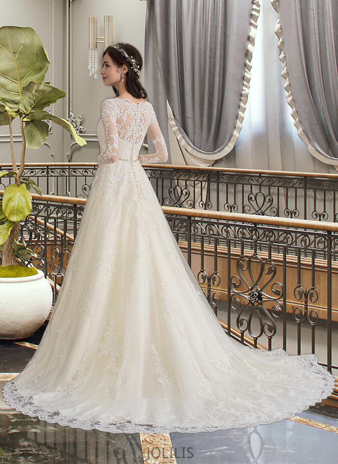 Ariana Ball-Gown/Princess V-neck Chapel Train Tulle Wedding Dress With Beading Sequins HIP0013695