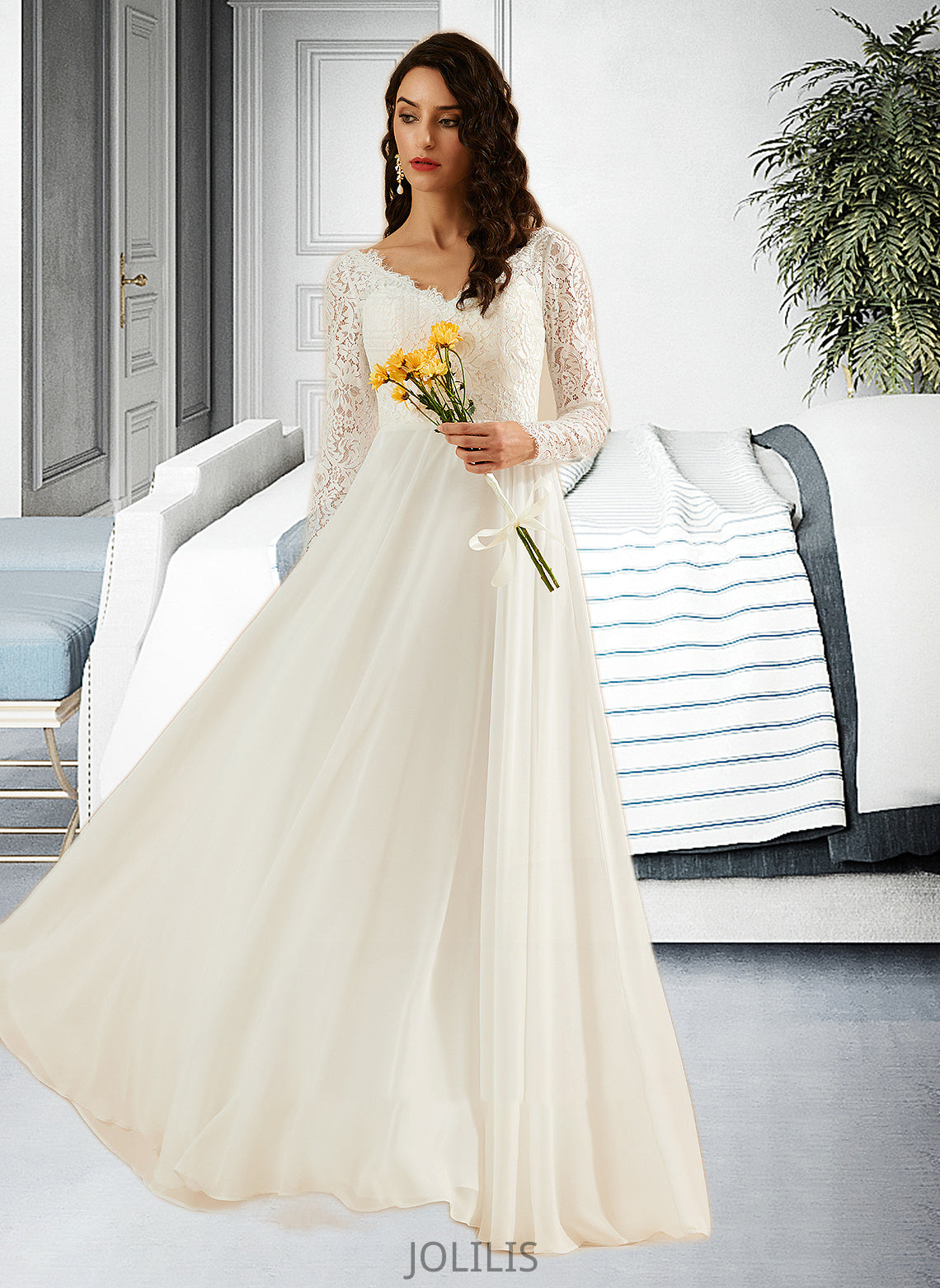 Corinne A-Line V-neck Sweep Train Wedding Dress With Lace HIP0013696