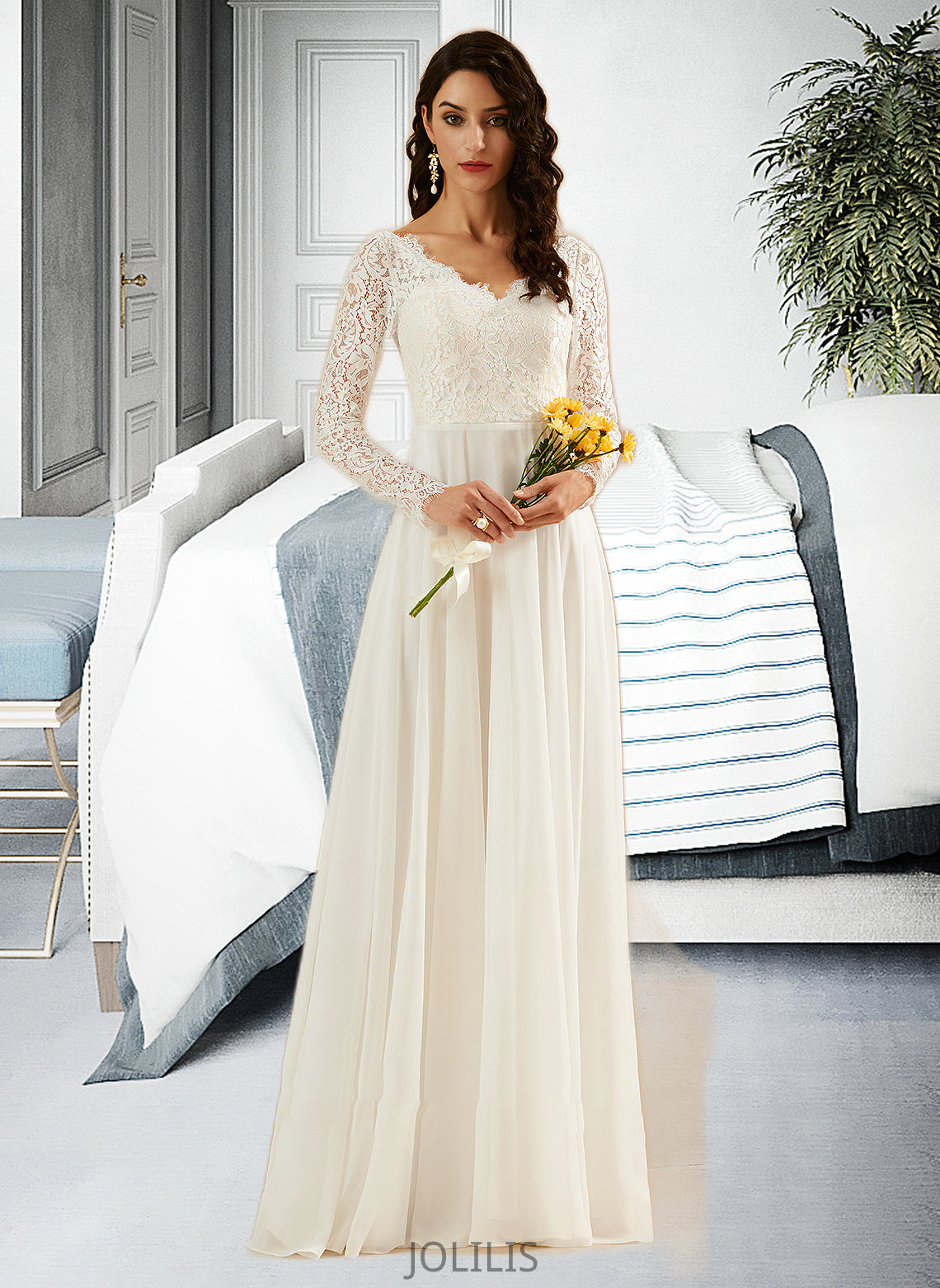 Corinne A-Line V-neck Sweep Train Wedding Dress With Lace HIP0013696