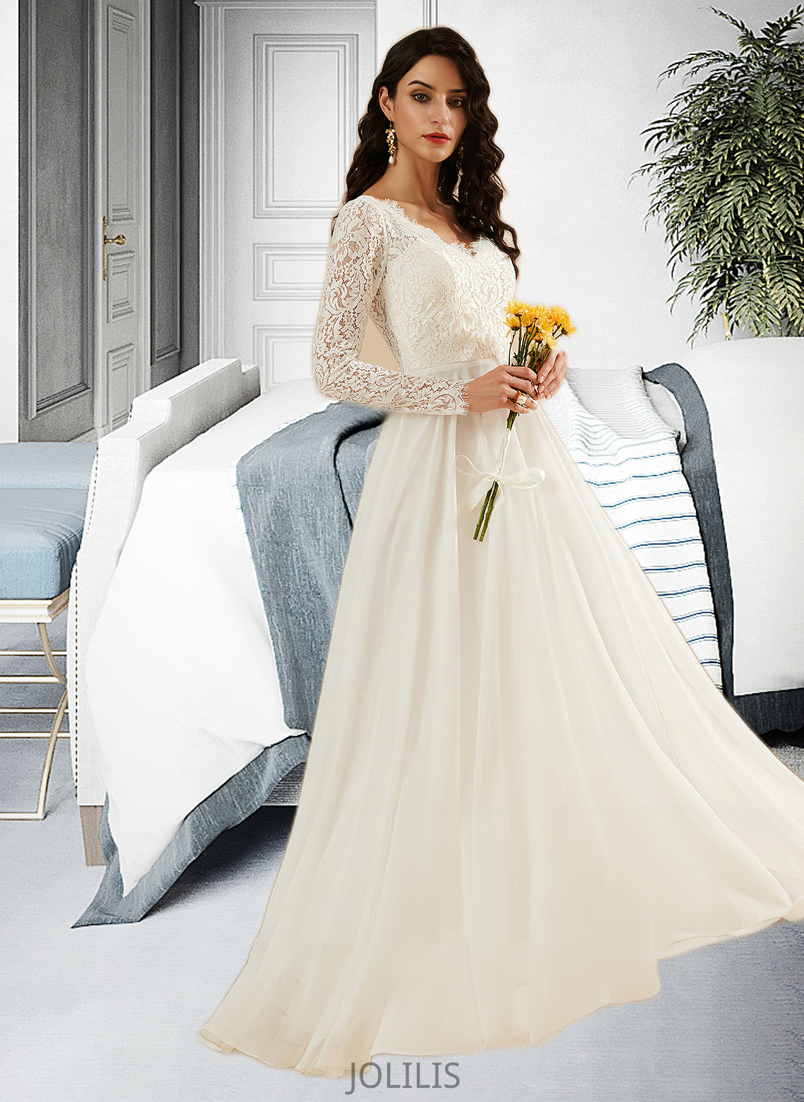 Corinne A-Line V-neck Sweep Train Wedding Dress With Lace HIP0013696