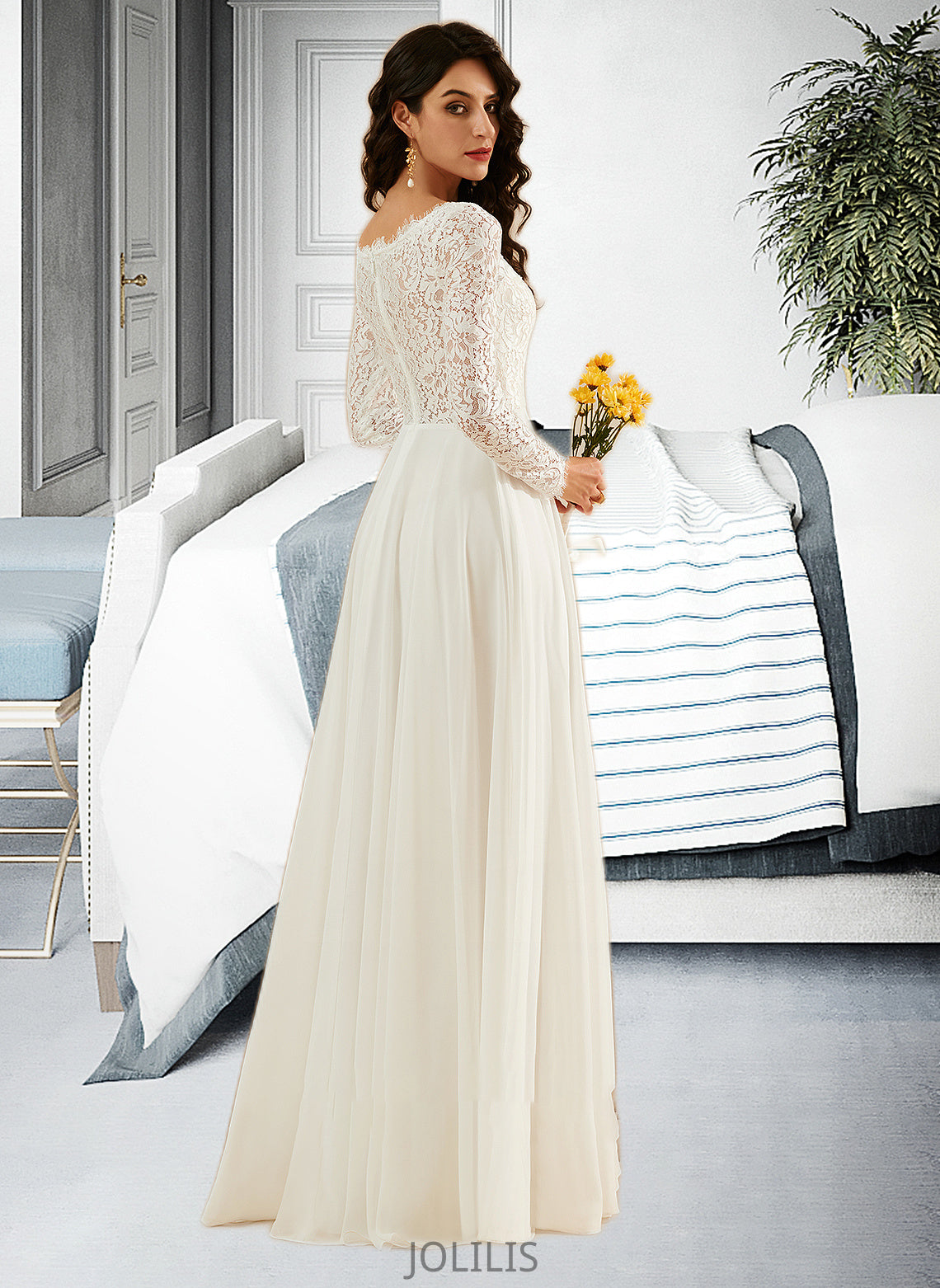 Corinne A-Line V-neck Sweep Train Wedding Dress With Lace HIP0013696