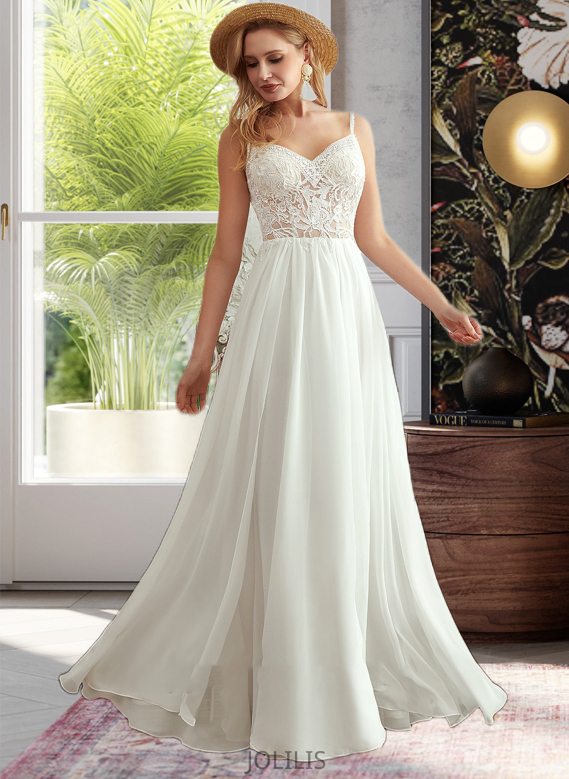 Estrella A-Line V-neck Floor-Length Wedding Dress With Beading Split Front HIP0013697