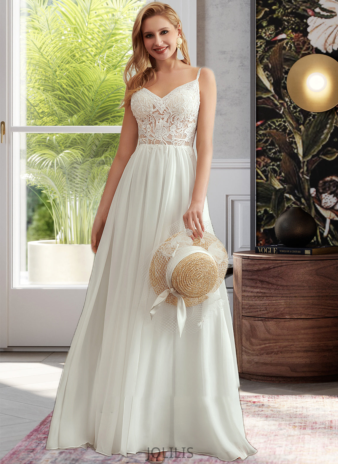 Estrella A-Line V-neck Floor-Length Wedding Dress With Beading Split Front HIP0013697