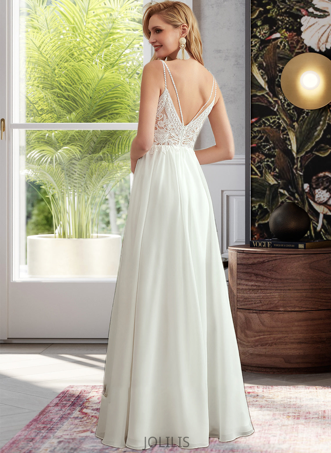 Estrella A-Line V-neck Floor-Length Wedding Dress With Beading Split Front HIP0013697