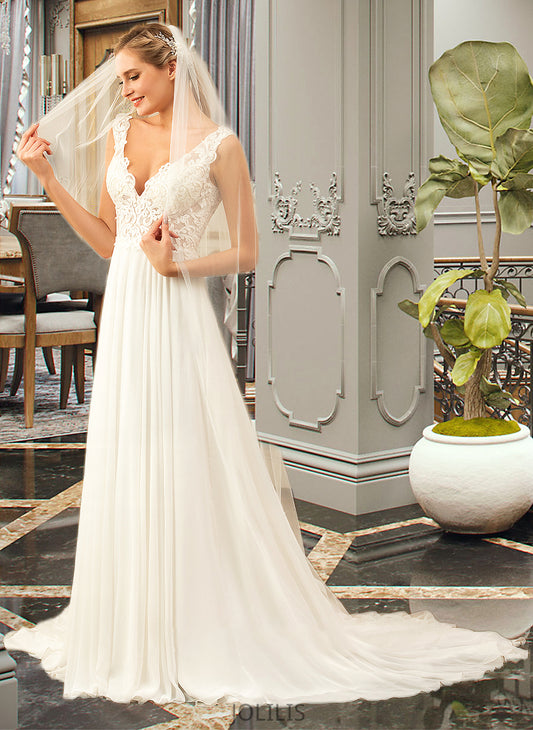 Ingrid A-Line V-neck Court Train Chiffon Wedding Dress HIP0013701