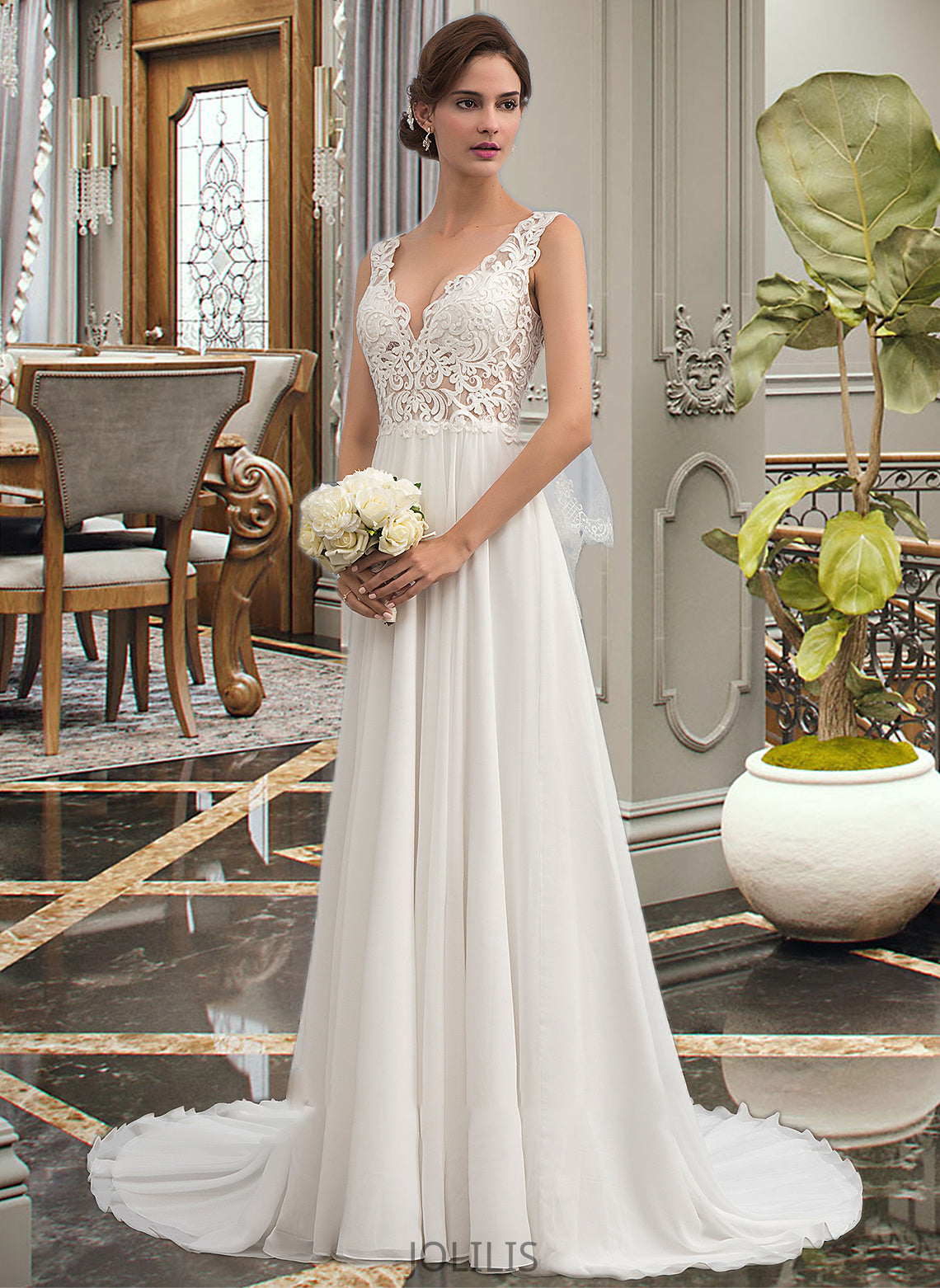 Ingrid A-Line V-neck Court Train Chiffon Wedding Dress HIP0013701