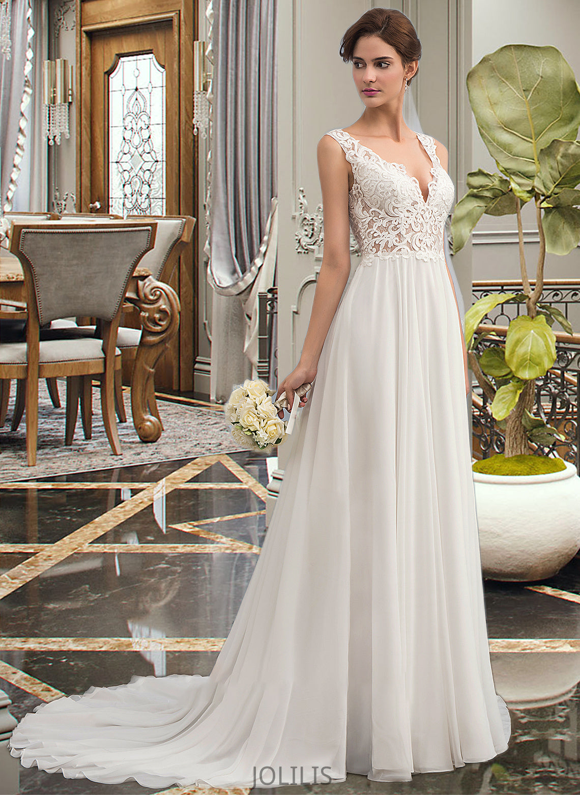 Ingrid A-Line V-neck Court Train Chiffon Wedding Dress HIP0013701