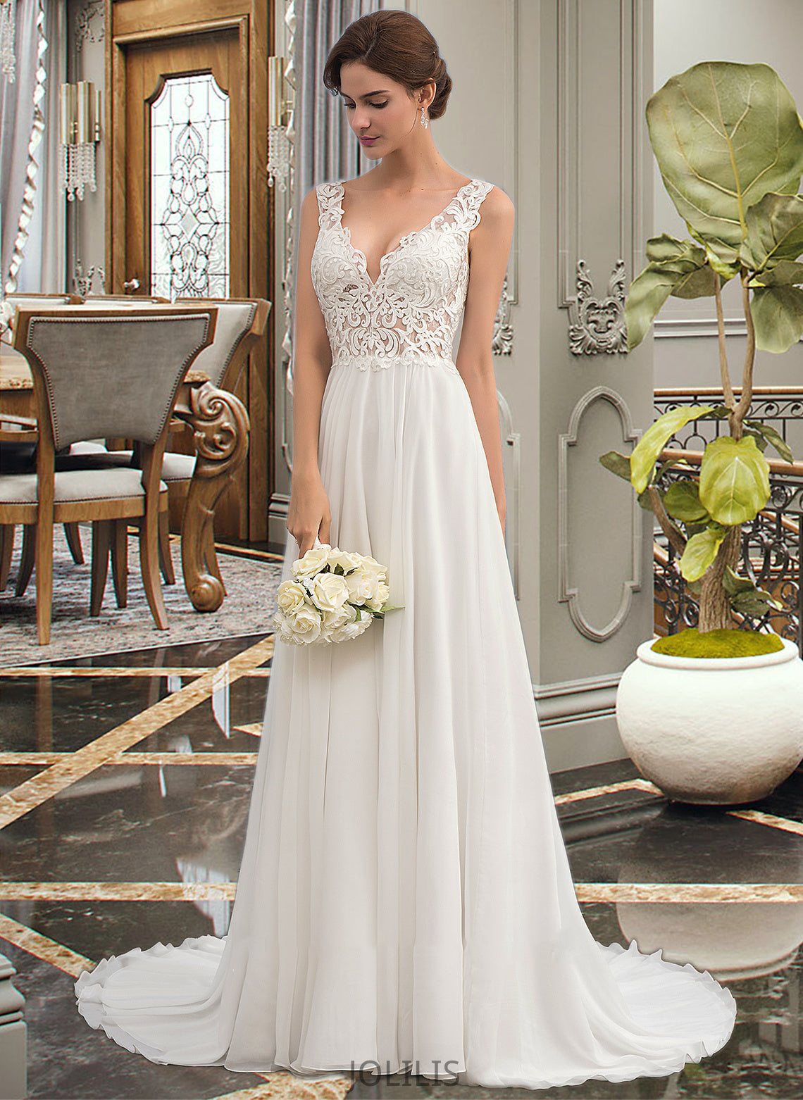 Ingrid A-Line V-neck Court Train Chiffon Wedding Dress HIP0013701