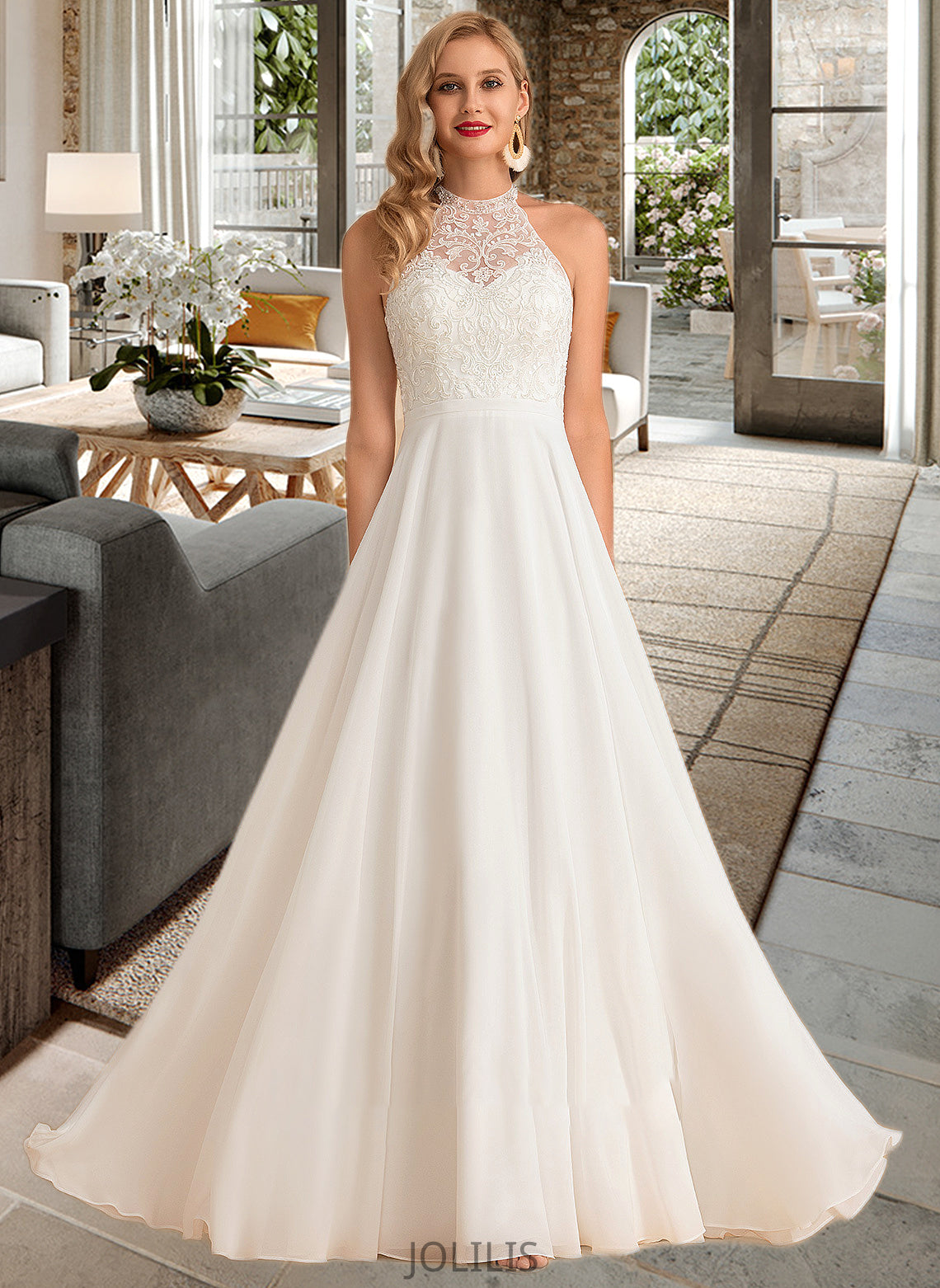 Anne A-Line High Neck Floor-Length Chiffon Wedding Dress HIP0013702