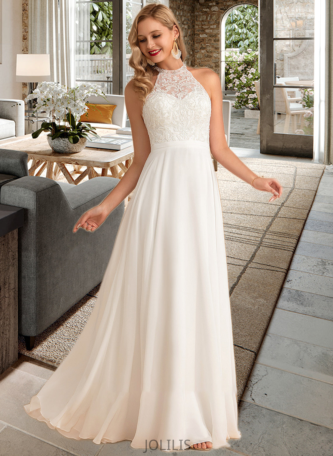 Anne A-Line High Neck Floor-Length Chiffon Wedding Dress HIP0013702