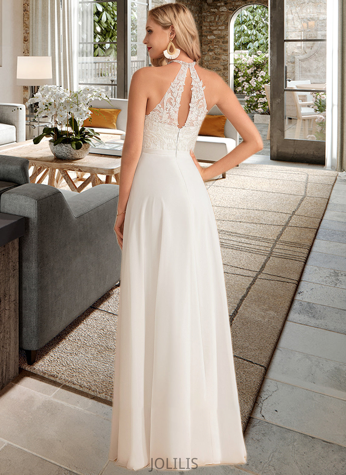 Anne A-Line High Neck Floor-Length Chiffon Wedding Dress HIP0013702