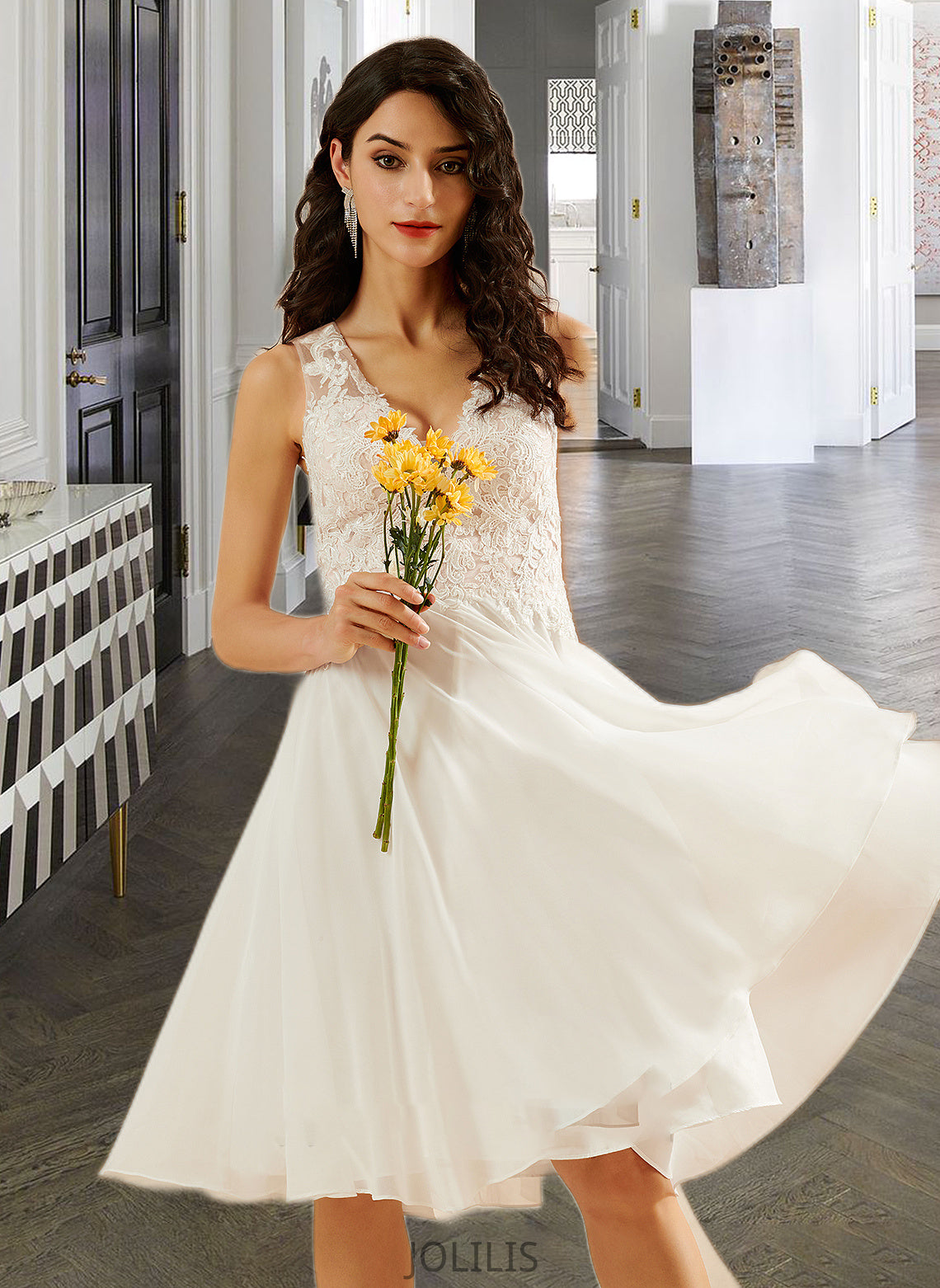 Setlla A-Line V-neck Knee-Length Wedding Dress With Lace Sequins HIP0013703