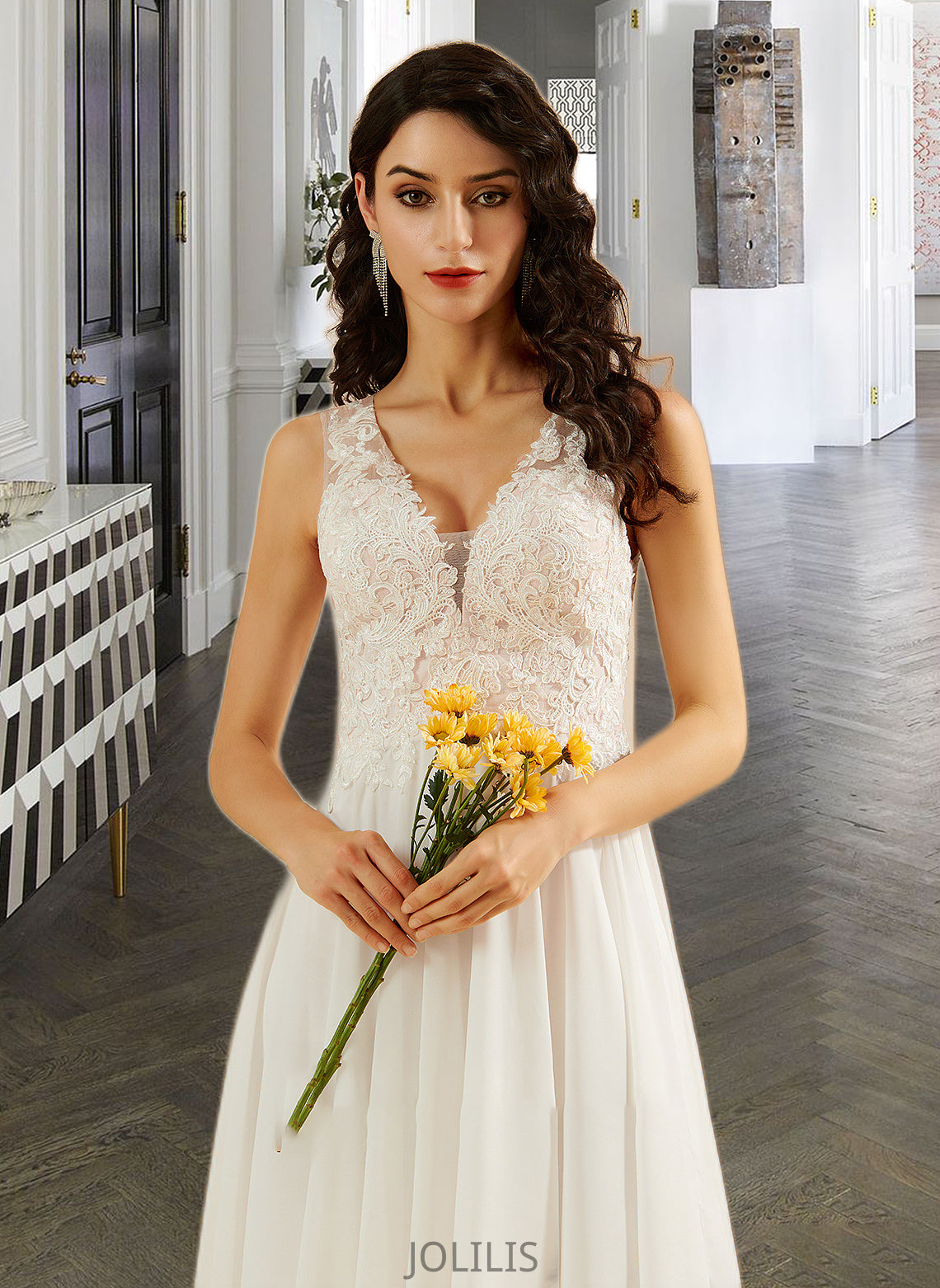 Setlla A-Line V-neck Knee-Length Wedding Dress With Lace Sequins HIP0013703