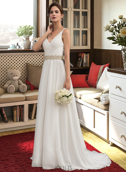 Nola A-Line V-neck Sweep Train Chiffon Wedding Dress With Ruffle Lace Beading Sequins HIP0013705