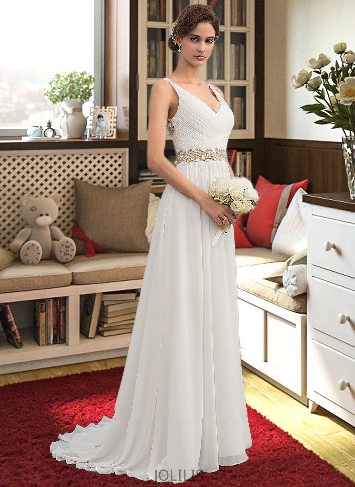 Nola A-Line V-neck Sweep Train Chiffon Wedding Dress With Ruffle Lace Beading Sequins HIP0013705