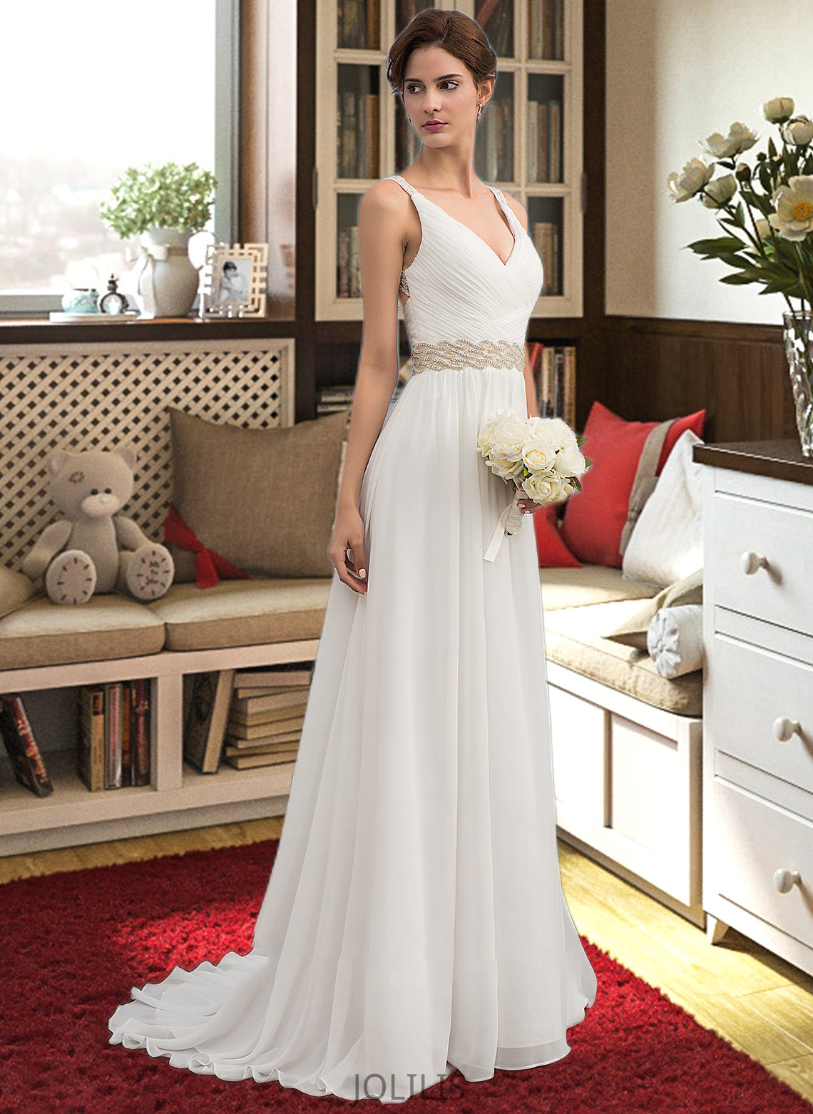 Nola A-Line V-neck Sweep Train Chiffon Wedding Dress With Ruffle Lace Beading Sequins HIP0013705