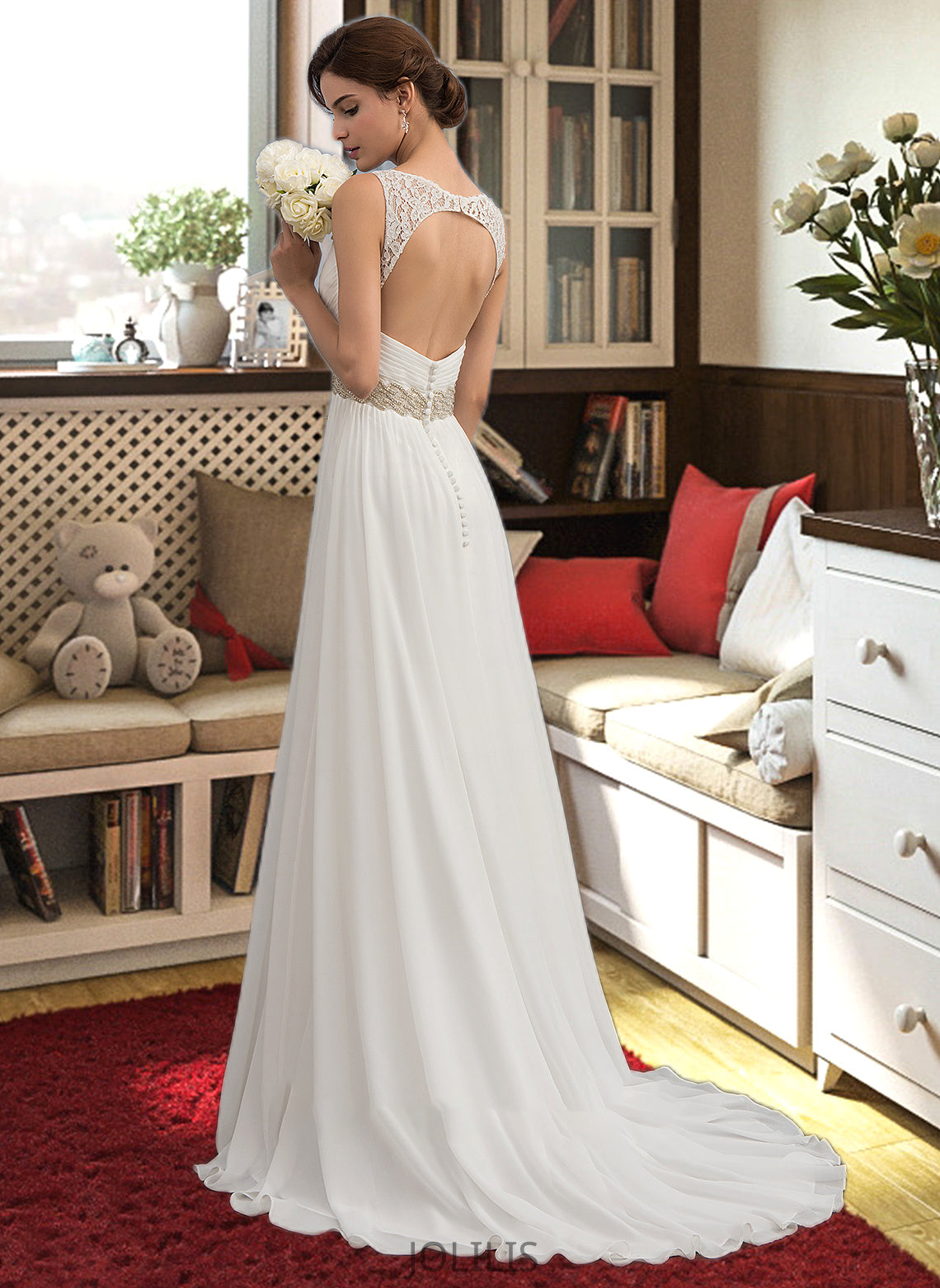 Nola A-Line V-neck Sweep Train Chiffon Wedding Dress With Ruffle Lace Beading Sequins HIP0013705