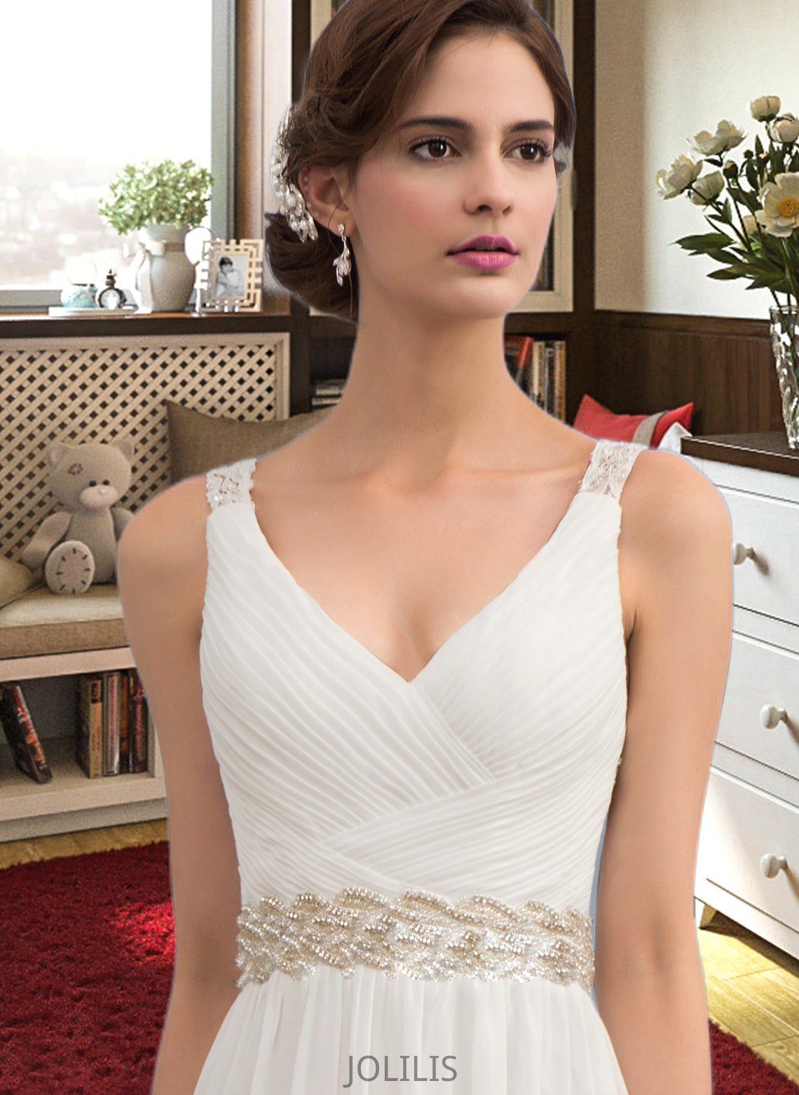 Nola A-Line V-neck Sweep Train Chiffon Wedding Dress With Ruffle Lace Beading Sequins HIP0013705