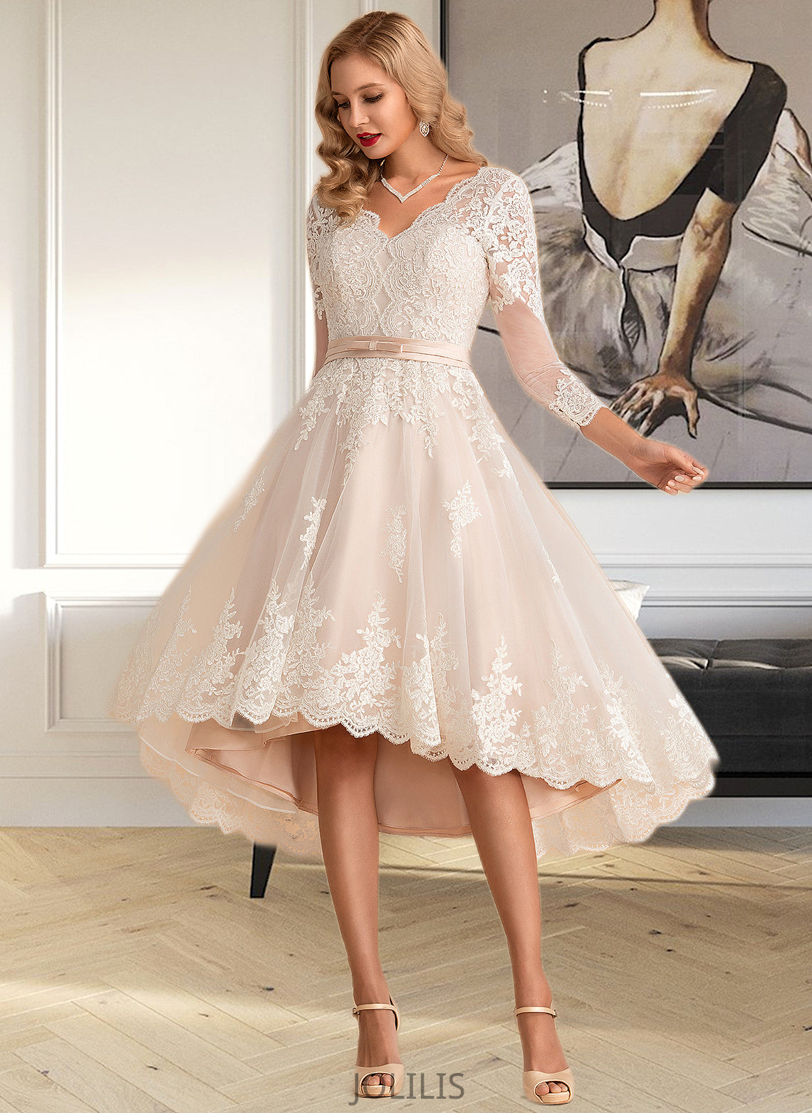 Alma A-Line V-neck Asymmetrical Satin Tulle Lace Wedding Dress HIP0013706