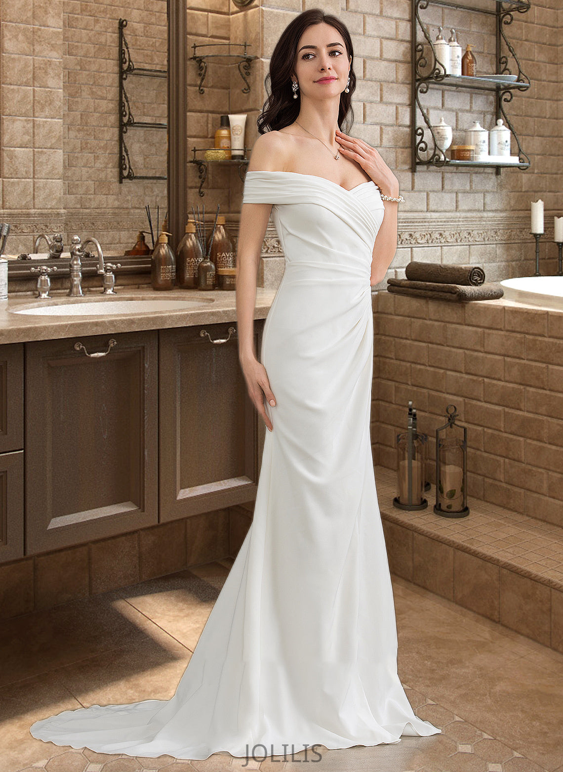 Ally Sheath/Column Off-the-Shoulder Sweep Train Stretch Crepe Wedding Dress With Ruffle Split Front HIP0013707