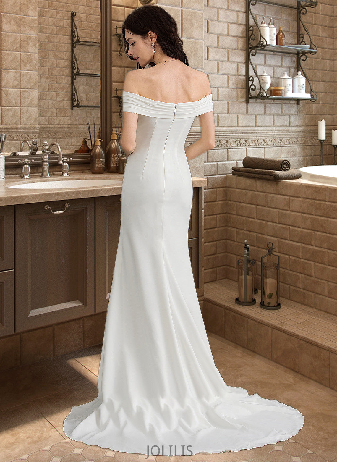 Ally Sheath/Column Off-the-Shoulder Sweep Train Stretch Crepe Wedding Dress With Ruffle Split Front HIP0013707