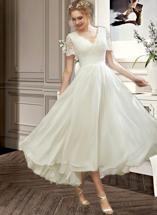 Kendal A-Line V-neck Asymmetrical Wedding Dress With Lace HIP0013712