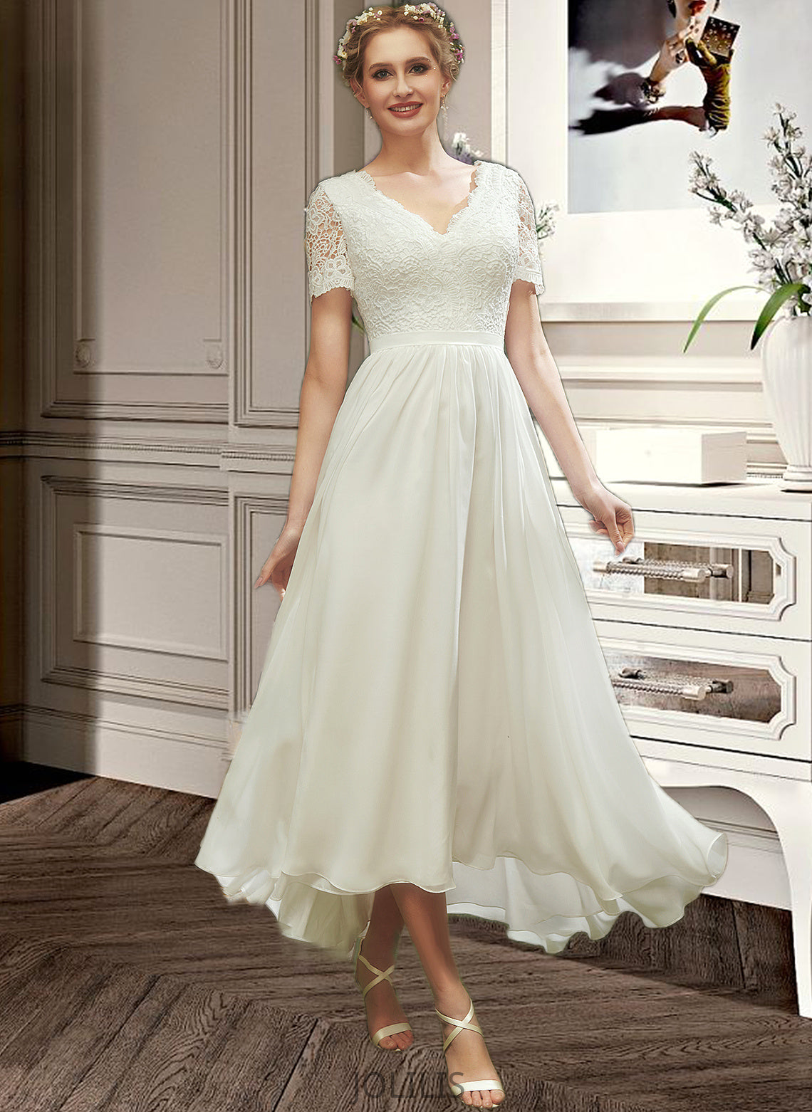 Kendal A-Line V-neck Asymmetrical Wedding Dress With Lace HIP0013712