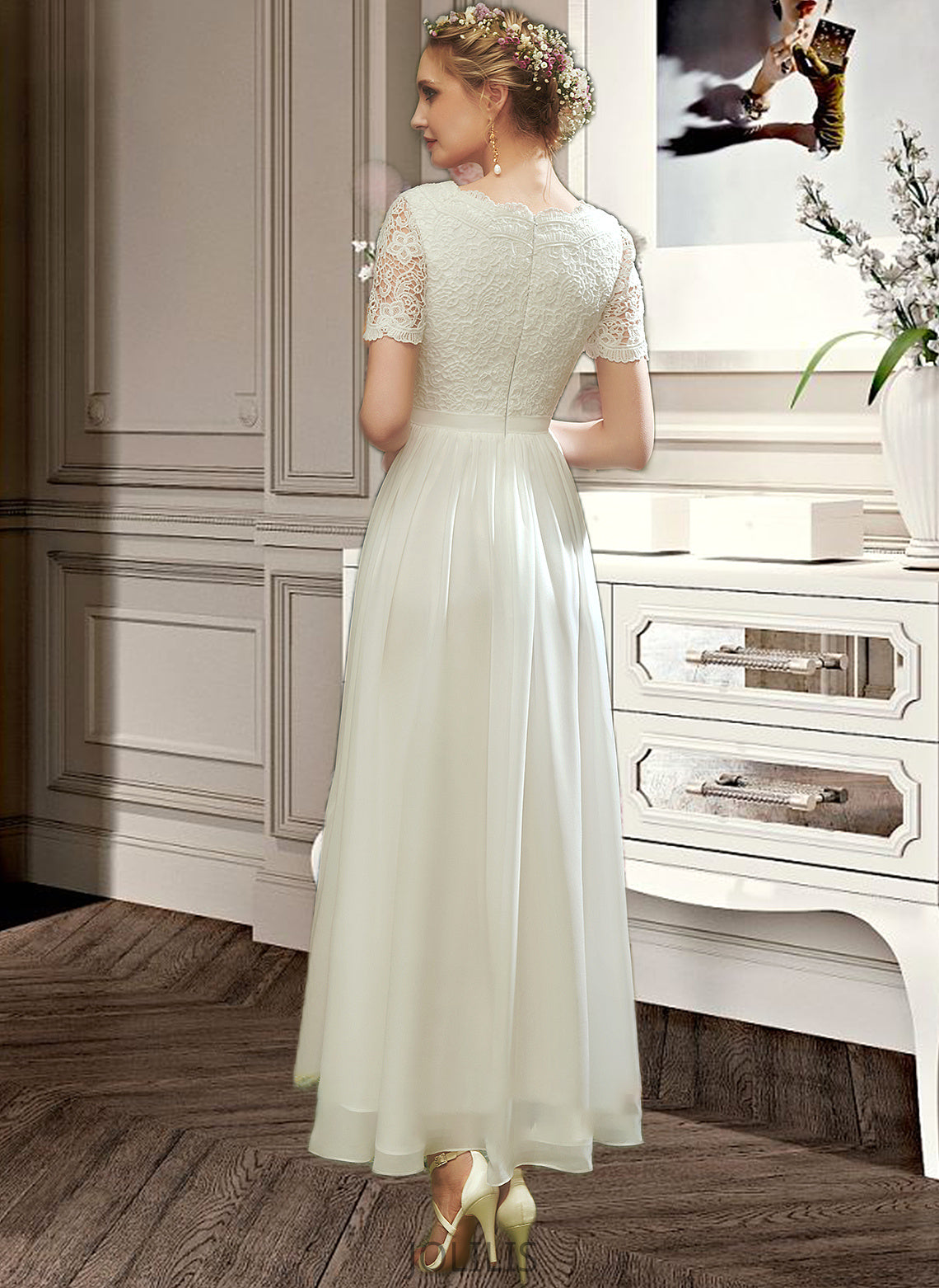 Kendal A-Line V-neck Asymmetrical Wedding Dress With Lace HIP0013712