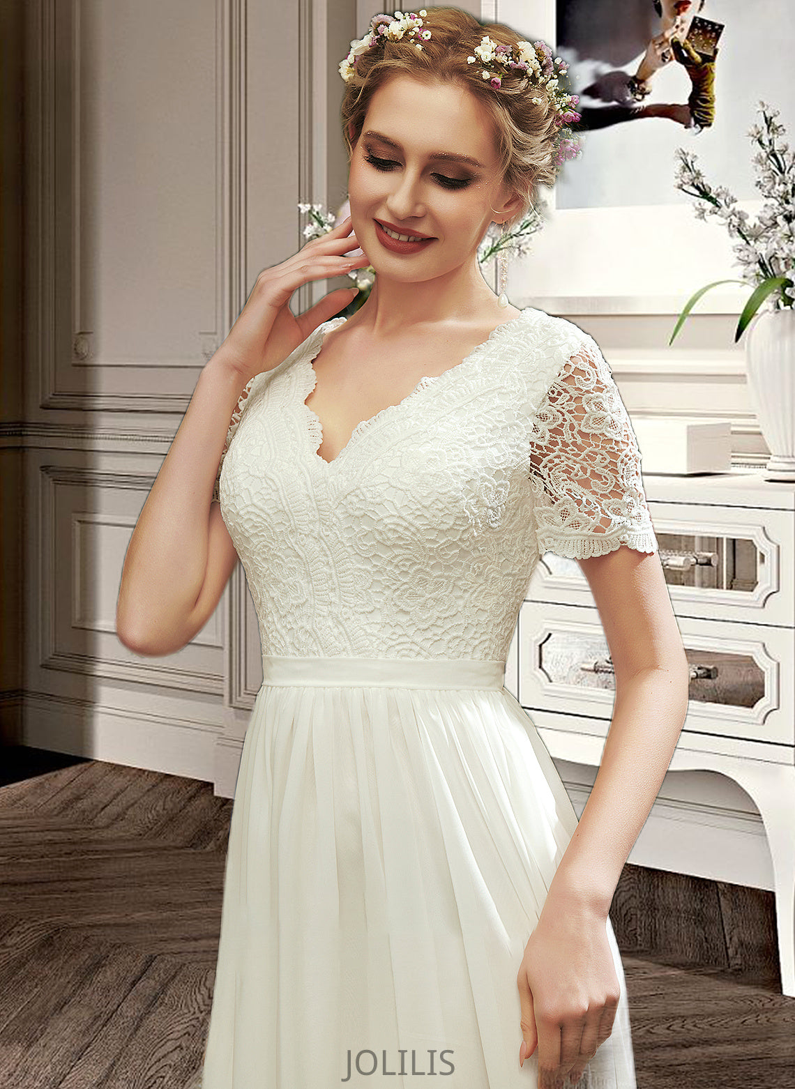 Kendal A-Line V-neck Asymmetrical Wedding Dress With Lace HIP0013712