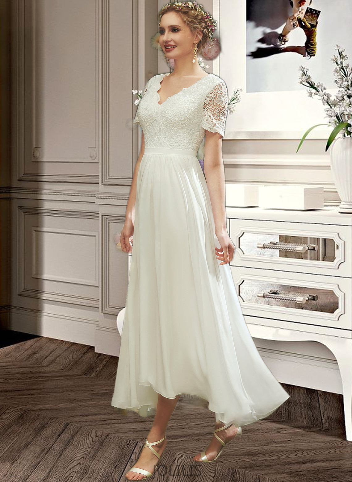 Kendal A-Line V-neck Asymmetrical Wedding Dress With Lace HIP0013712