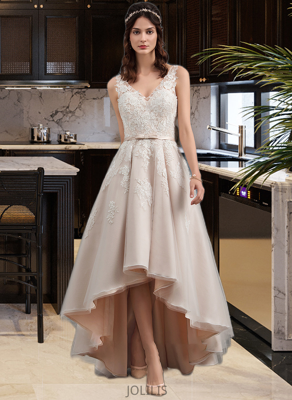 Kennedi A-Line V-neck Asymmetrical Tulle Lace Wedding Dress With Bow(s) HIP0013717