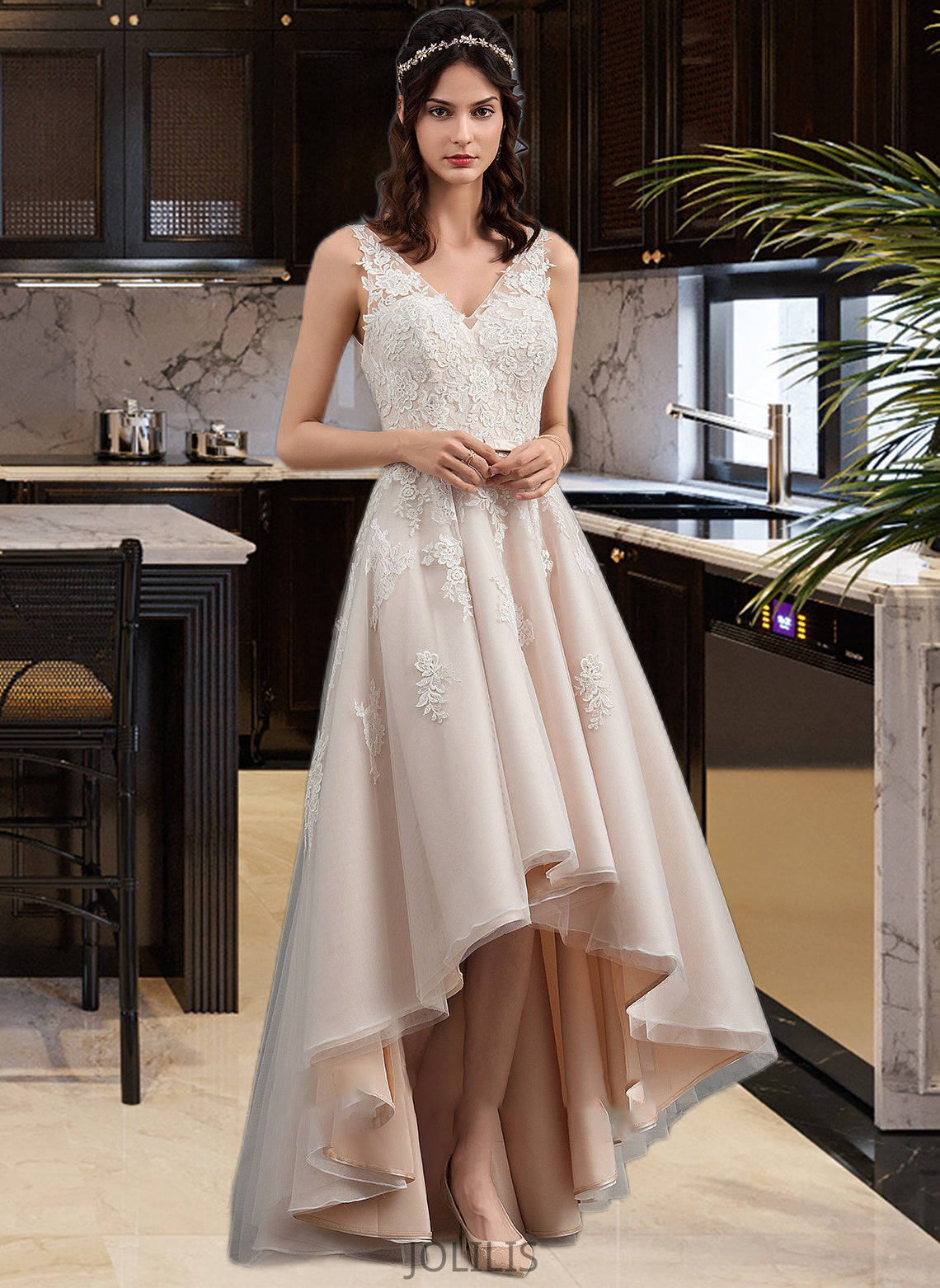 Kennedi A-Line V-neck Asymmetrical Tulle Lace Wedding Dress With Bow(s) HIP0013717