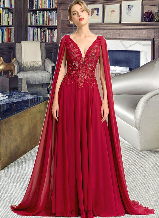 Logan A-Line V-neck Floor-Length Chiffon Wedding Dress With Sequins HIP0013718