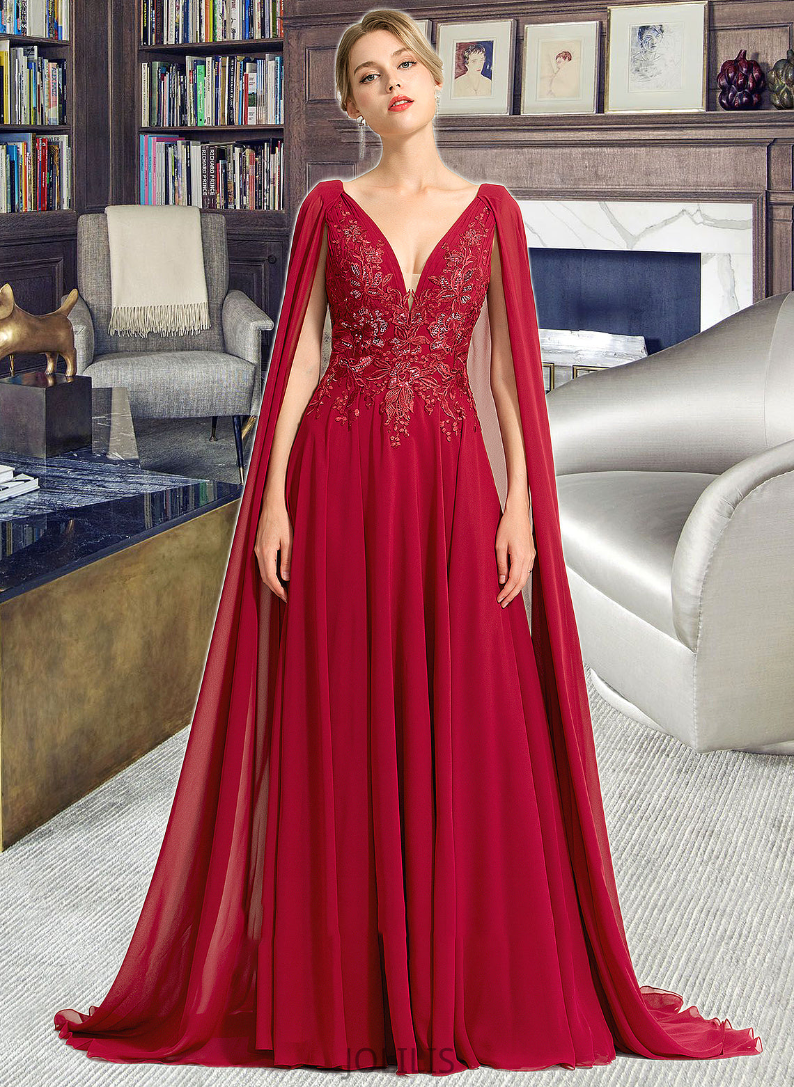 Logan A-Line V-neck Floor-Length Chiffon Wedding Dress With Sequins HIP0013718