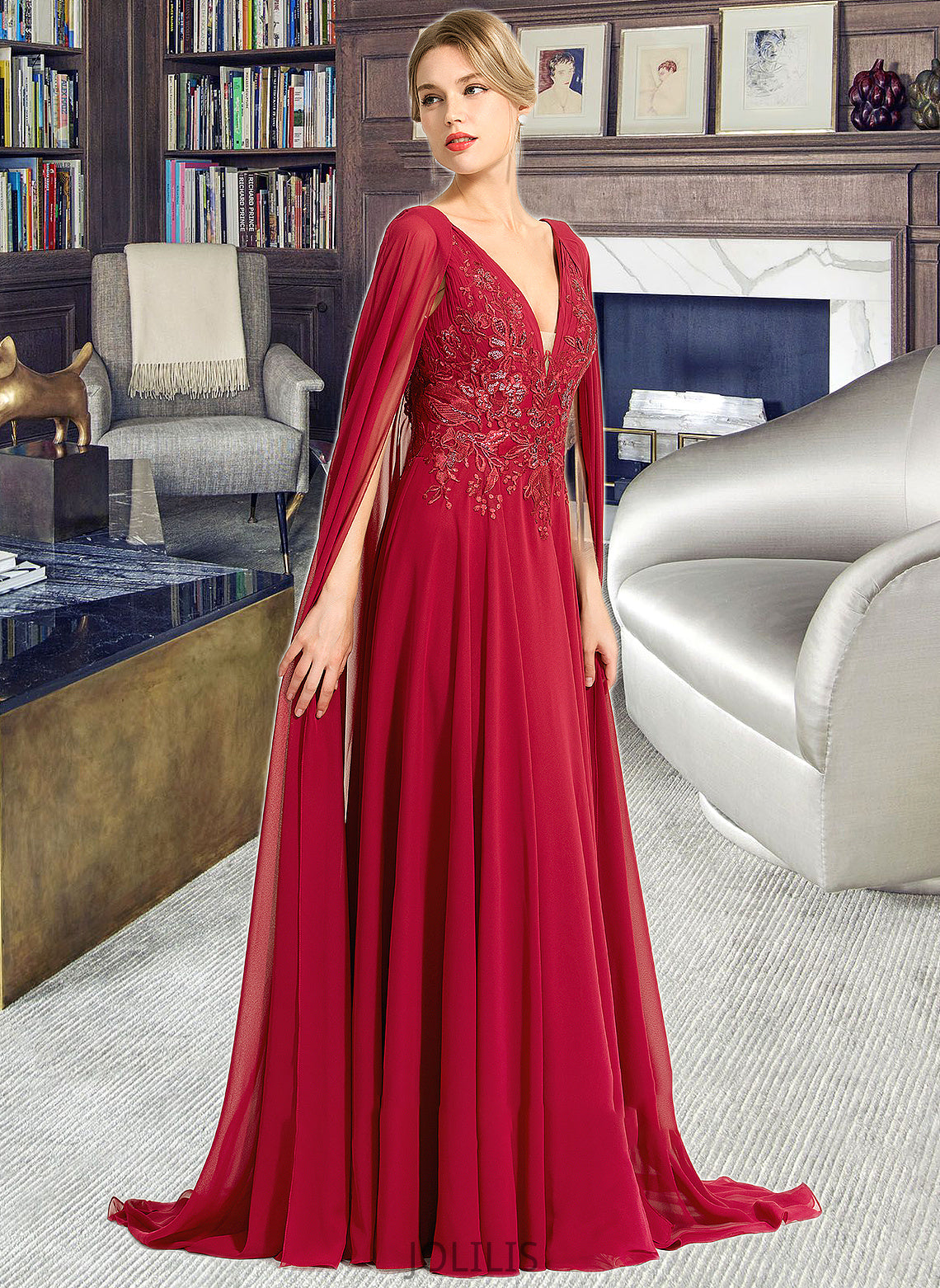 Logan A-Line V-neck Floor-Length Chiffon Wedding Dress With Sequins HIP0013718