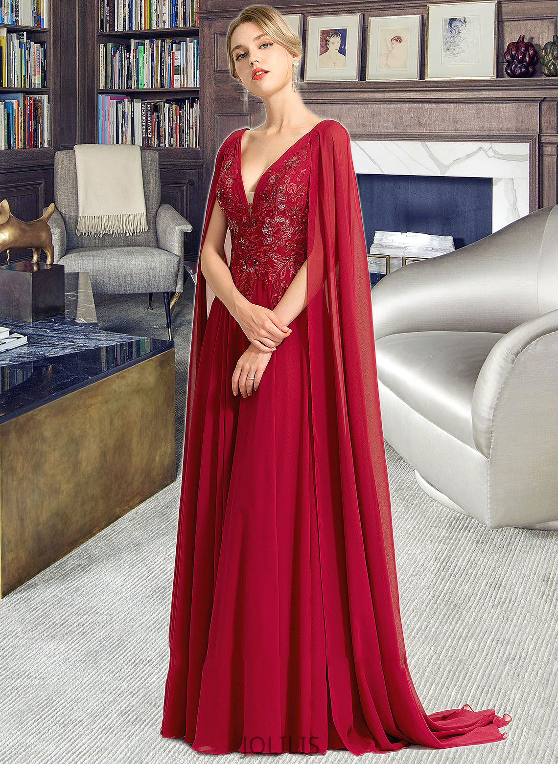 Logan A-Line V-neck Floor-Length Chiffon Wedding Dress With Sequins HIP0013718