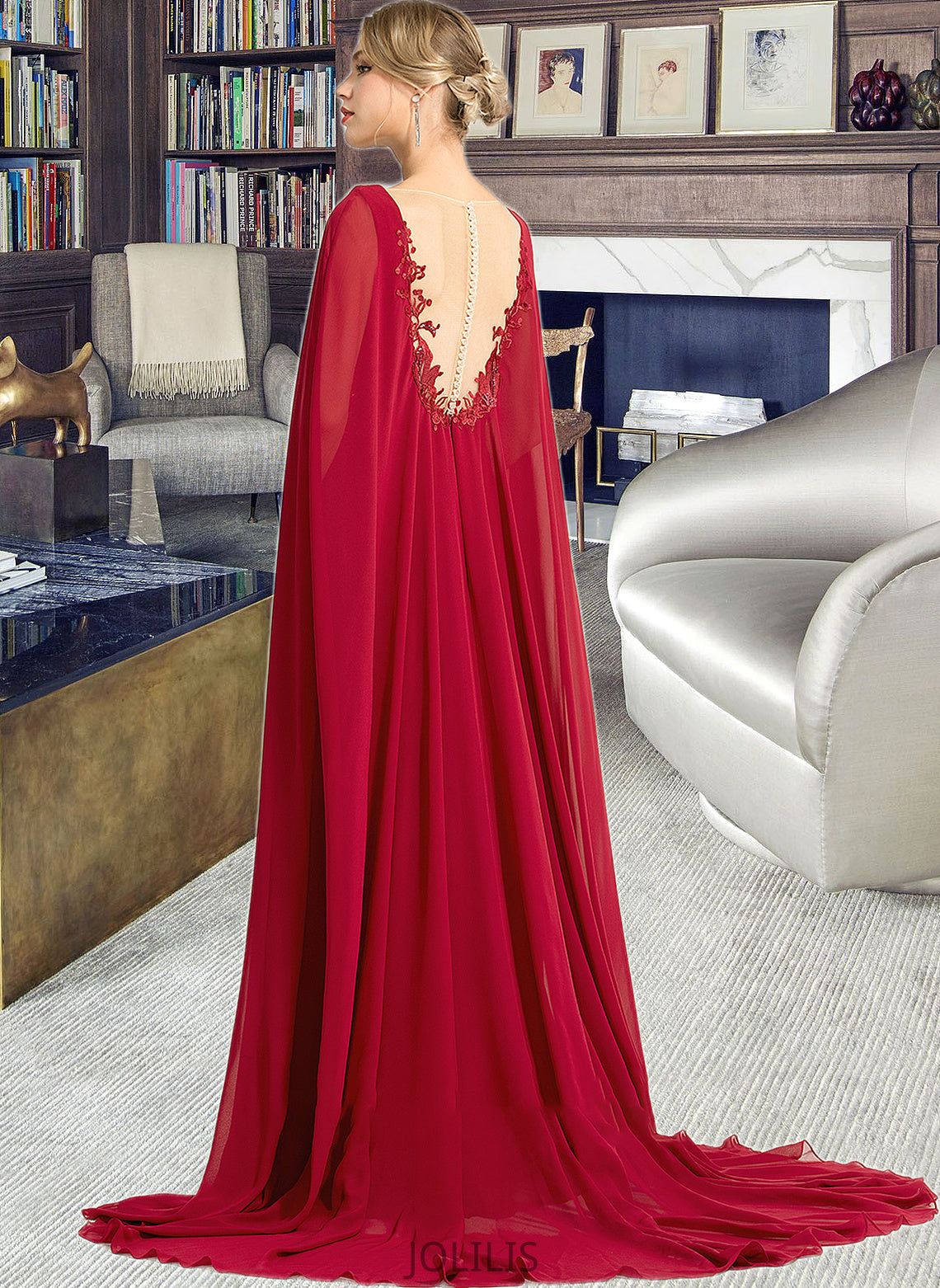 Logan A-Line V-neck Floor-Length Chiffon Wedding Dress With Sequins HIP0013718