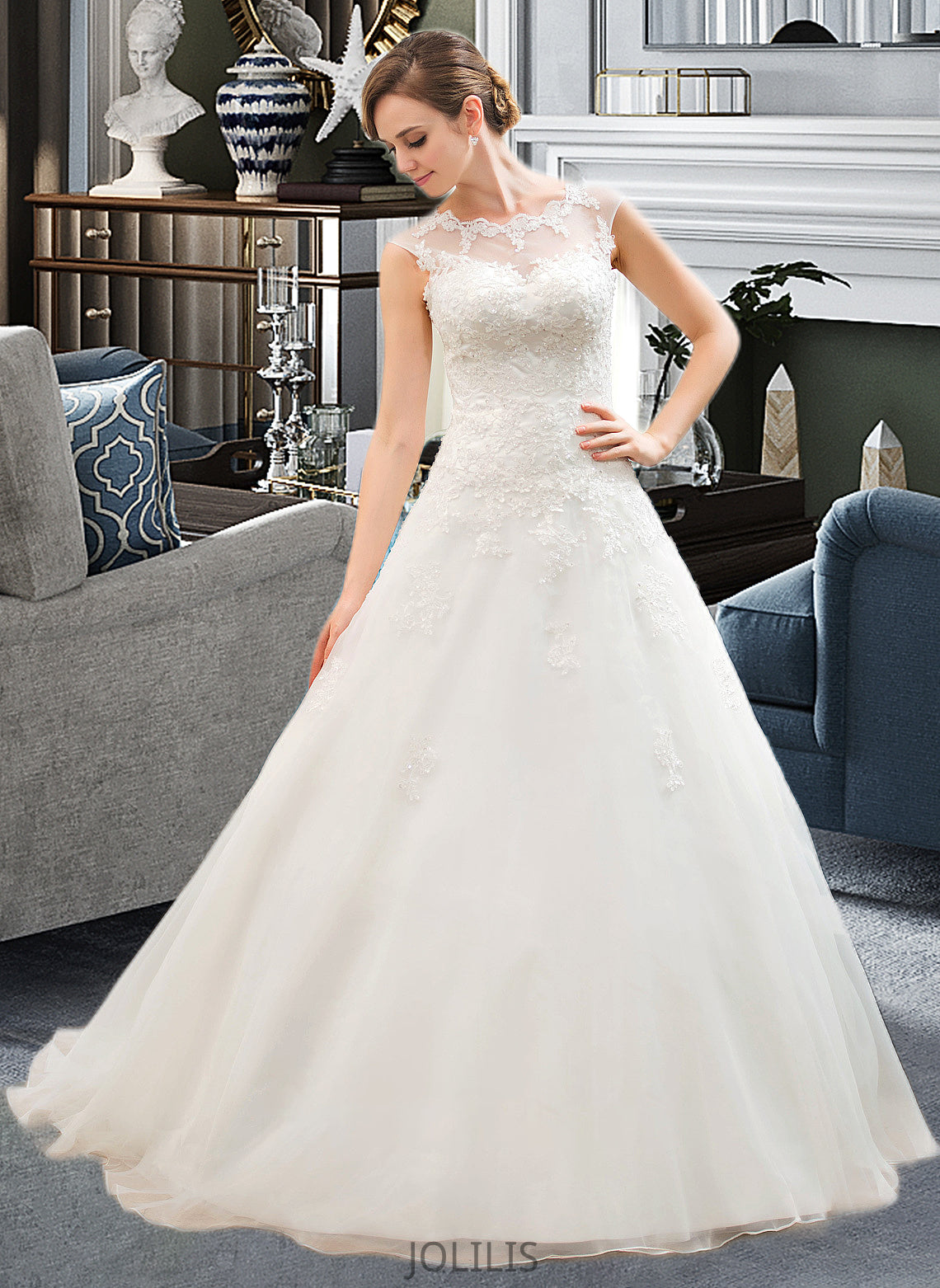 Patsy Ball-Gown/Princess Illusion Sweep Train Organza Tulle Wedding Dress With Beading Sequins HIP0013719