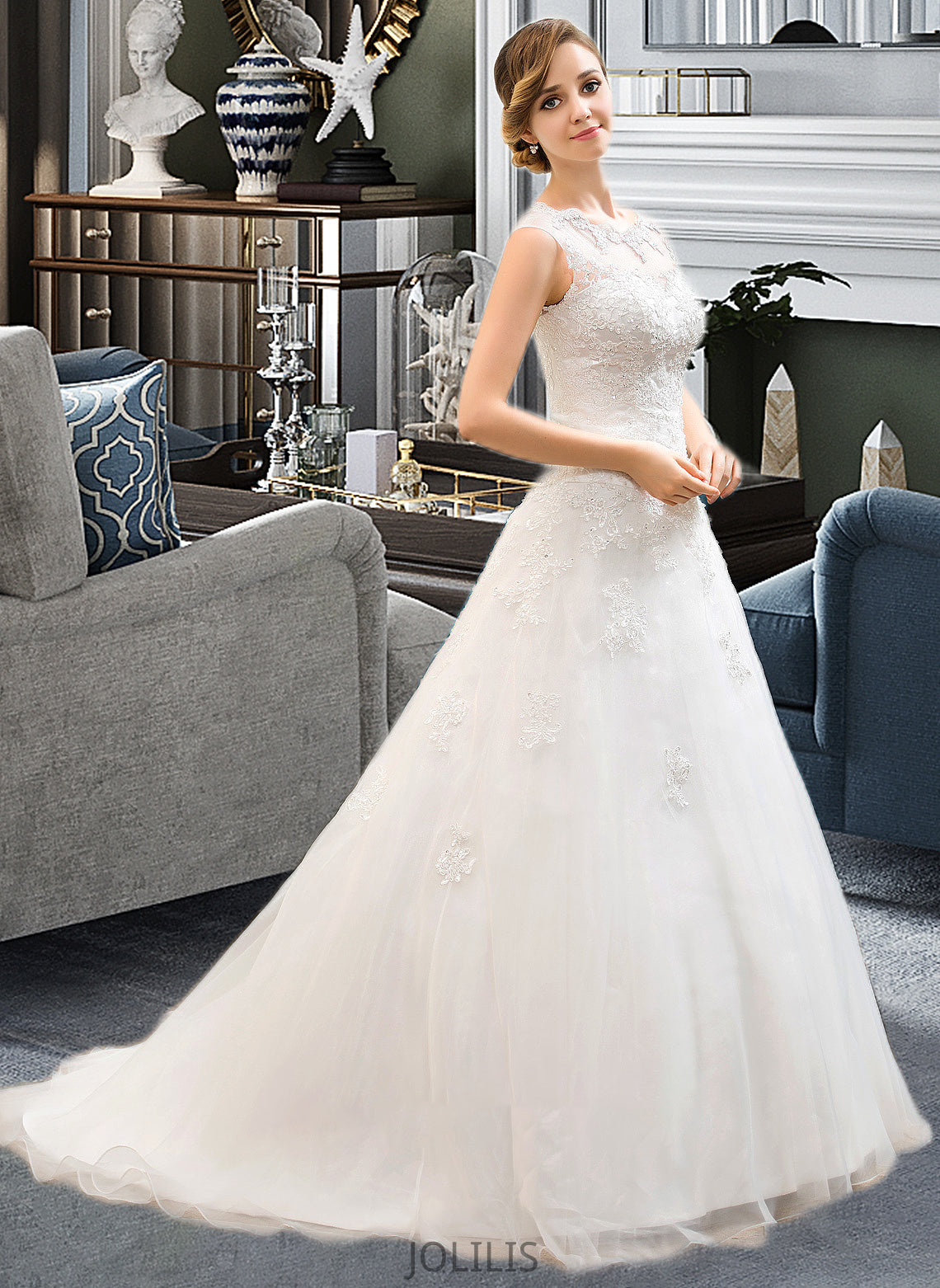 Patsy Ball-Gown/Princess Illusion Sweep Train Organza Tulle Wedding Dress With Beading Sequins HIP0013719