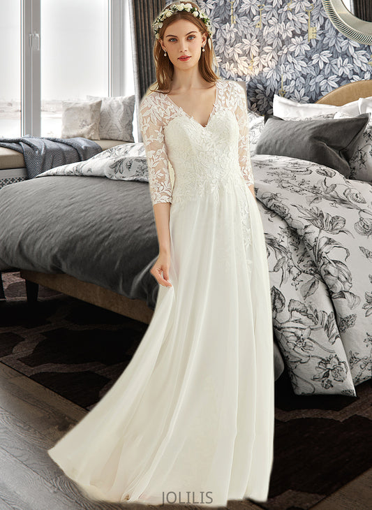 Pancy A-Line V-neck Floor-Length Chiffon Lace Wedding Dress HIP0013745